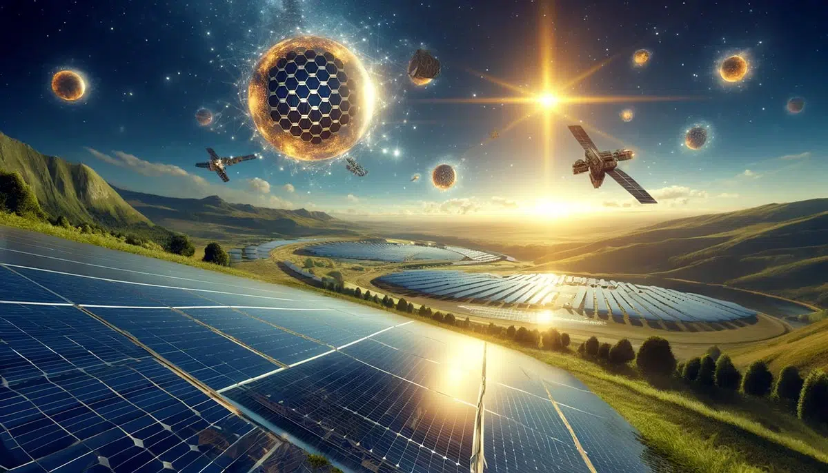 futur-energies-solaires Paysage futuriste avec panneaux solaires terrestres et spatiaux capturant l'énergie solaire