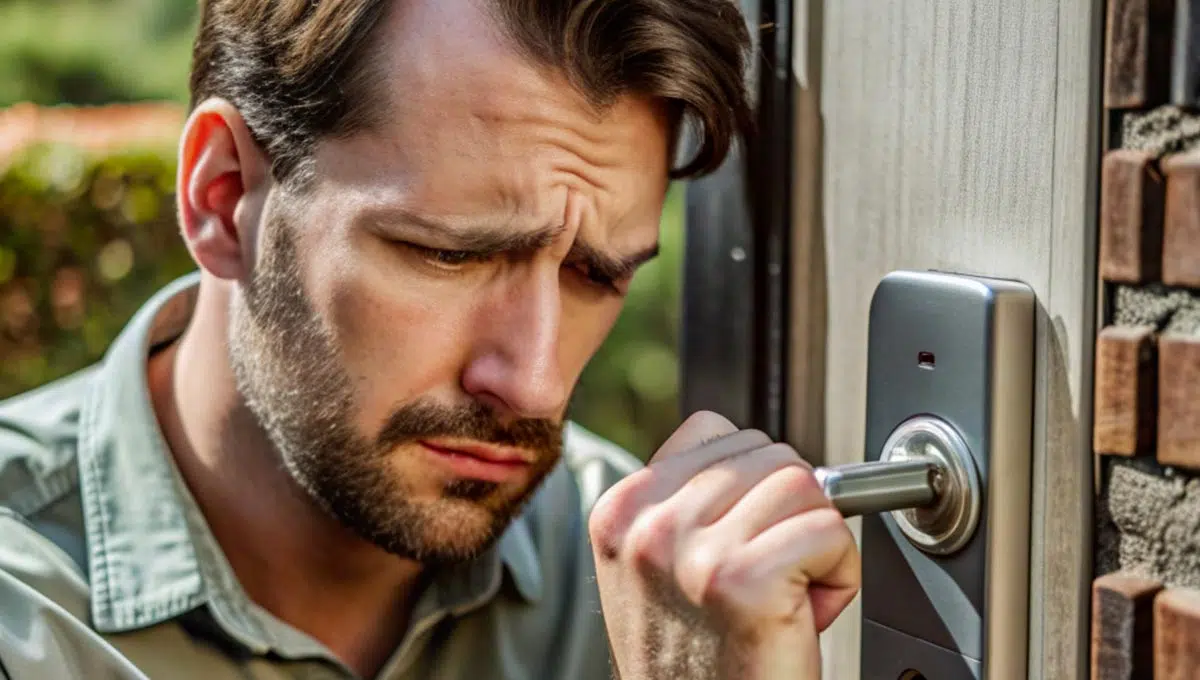Illustration d'un Serrurier en Action avec Risque d'Arnaque Serrurier en train de manipuler une serrure, potentiellement impliqué dans une arnaque.