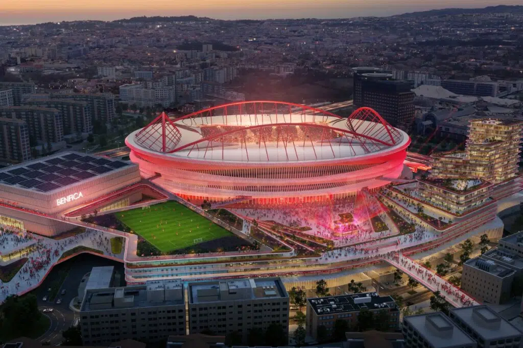 Benfica – Nouveau plan directeur pour le stade Estádio da Luz, conçu par Populous : image aérienne de nuit.