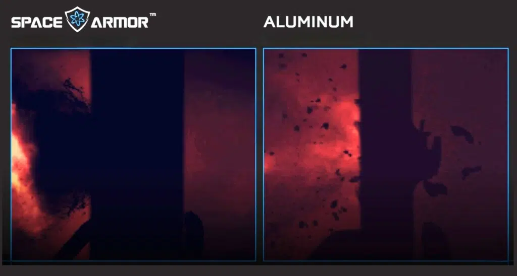 À gauche : bouclier Space Armor / à droite protection classique en aluminium. On voit facilement que celui de gauche ne laisse s'échapper aucun débris.