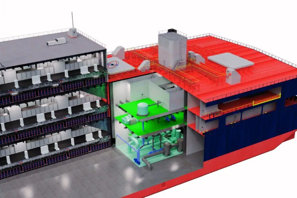 L’image, tirée du document « Pathways to a Low Carbon Future: Floating Nuclear Power Data Center » d’ABS , montre une longue barge divisée en trois sections, avec deux modules nucléaires à chaque extrémité et un vaste data center multi-niveaux au centre soutenu par de grands piliers.