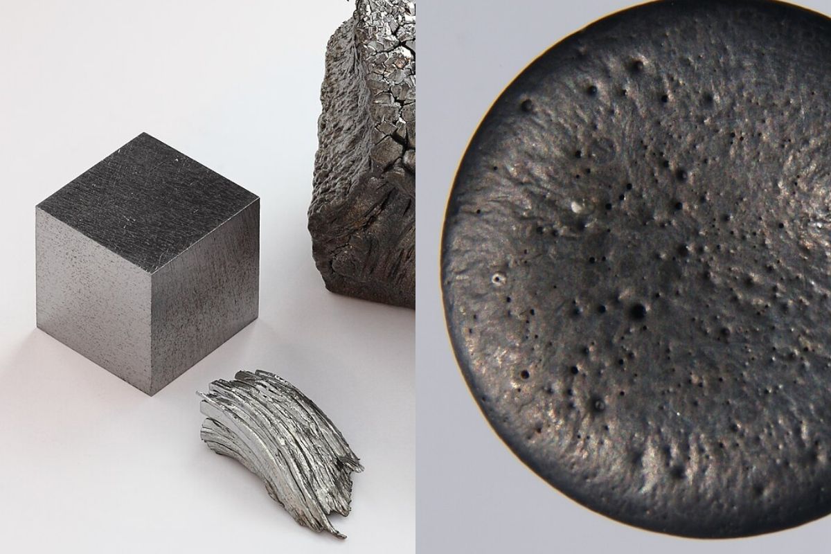 À gauche : du thulium, élément chimique de symbole Tm et de numéro atomique 69. Le thulium est un métal du groupe des terres rares. Comme les autres lanthanides, il est malléable et ductile à la température ambiante. À droite : du sélénium, élément chimique de numéro atomique 34, de symbole Se. C'est un non-métal. La chimie du corps simple et de ses principaux composés présente une grande analogie avec celle du soufre, mais aussi avec celle du tellure (photo de mise en avant), le cristal dont il est question dans cet article est obtenu en mélangeant ces 3 éléments.