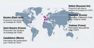 Les 6 nouveaux sites de production d'Airbus après rachat auprès de Spirit Aerosystem.
