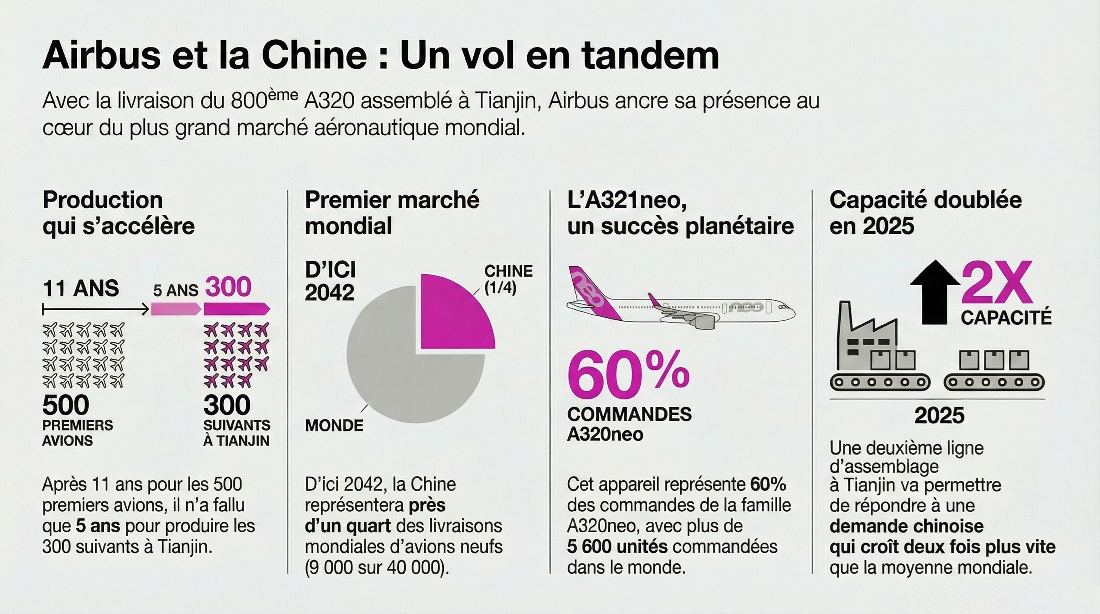 800e A320 dans l'usine de Tianjin en Chine - infographie (crédit : Media24.fr)