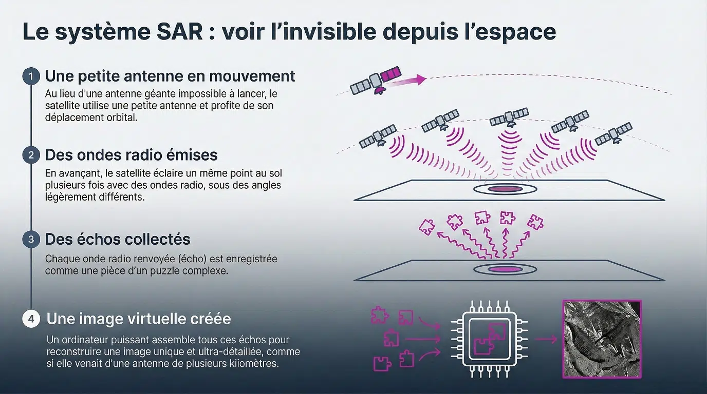 Schéma Radar à synthèse d'ouverture (RSO ou SAR) - crédit : Media24.fr
