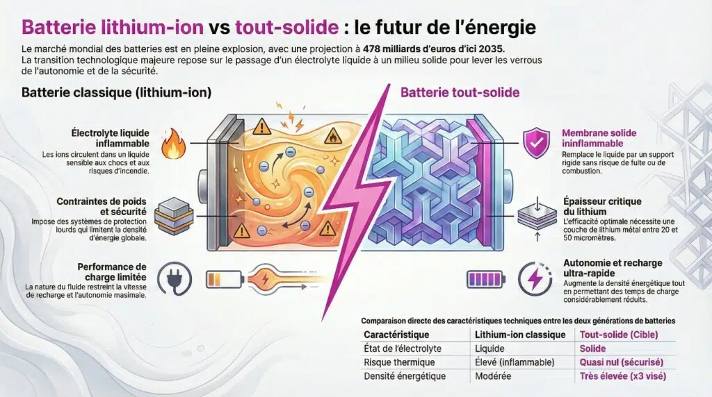 Différences batterie lithium-ion classique VS tout-solide - infographie (crédit : Media24.fr)