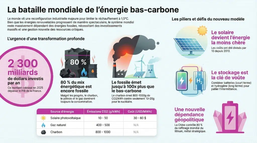 Infographie complète sur la transition énergétique mondiale 2025–2050 présentant le mix énergétique mondial (pétrole, gaz, charbon, nucléaire, solaire, éolien), les technologies de stockage d’énergie (batteries lithium-ion, hydrogène vert, STEP), les investissements globaux et les scénarios Net Zero vers la neutralité carbone.