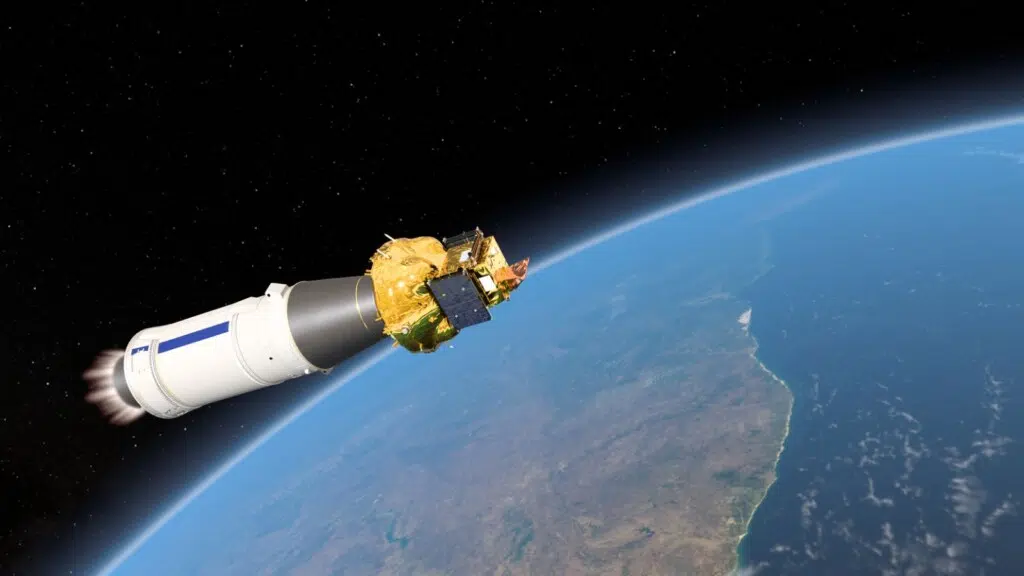 Image issue d'une animation montrant la mission SMILE (Solar wind Magnetosphere Ionosphere Link Explorer), développée conjointement par l’ESA et la Chine, après la séparation partielle du lanceur Vega-C. Le satellite, équipé de caméras X et UV, étudiera l’interaction entre le vent solaire et la magnétosphère terrestre.Crédit : European Space Agency (ESA) / ATG Europe, licence CC BY-SA 3.0 IGO.