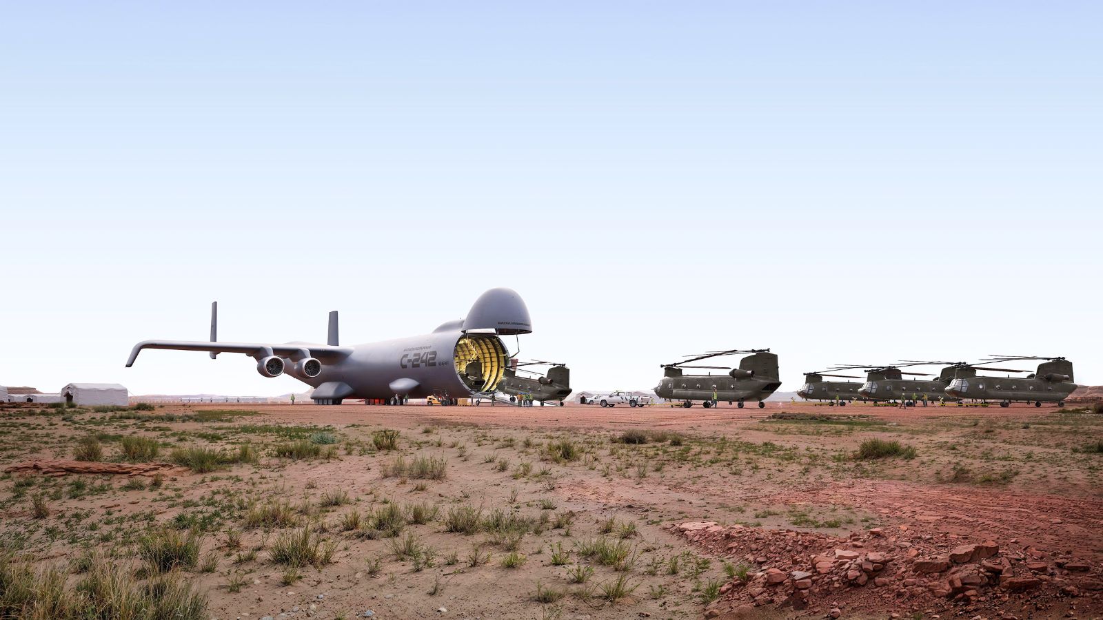 Le futur plus grand avion du monde intéressent l'Armée américaine pour sa capacité unique au monde à transporter six hélicoptères Chinook CH-47 prêts à emploi