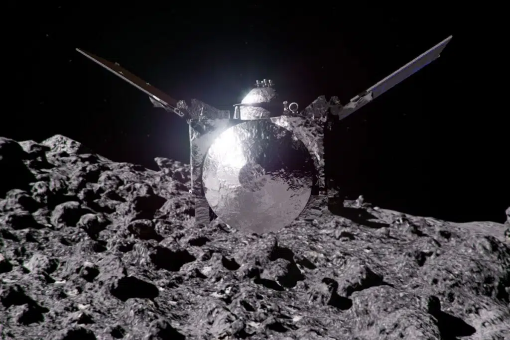 La sonde OSIRIS-APEX (ex-OSIRIS-REx) utilisera ses propulseurs pour soulever poussières et roches à la surface de l’astéroïde Apophis, permettant d’observer les couches sous-jacentes.Crédit : NASA Goddard Space Flight Center Conceptual Image Lab.