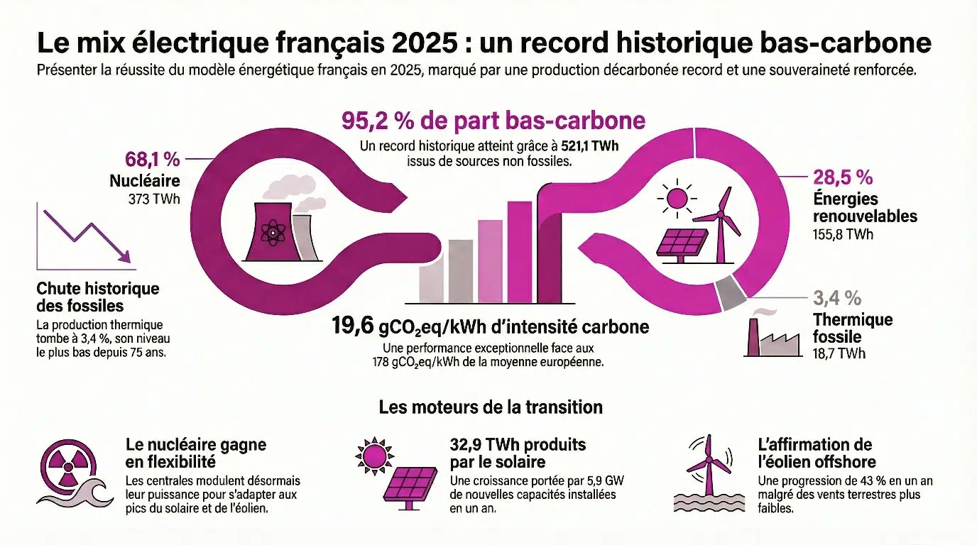 Répartition du mix énergétique français 2025 avec part nucléaire 68 %, renouvelables 29 % et fossiles 3 %