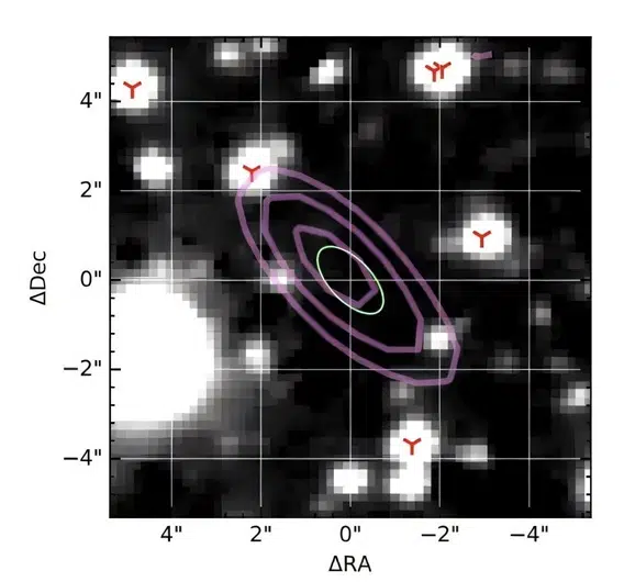 Observation en bande Ks réalisée par le télescope Gemini de la source ASKAP J1424, avec des contours radio en Stokes I issus d’observations ATCA superposés, permettant d’analyser la structure et l’émission de cet objet astrophysique.Crédit : arXiv (2026), DOI : 10.48550/arxiv.2603.07857.