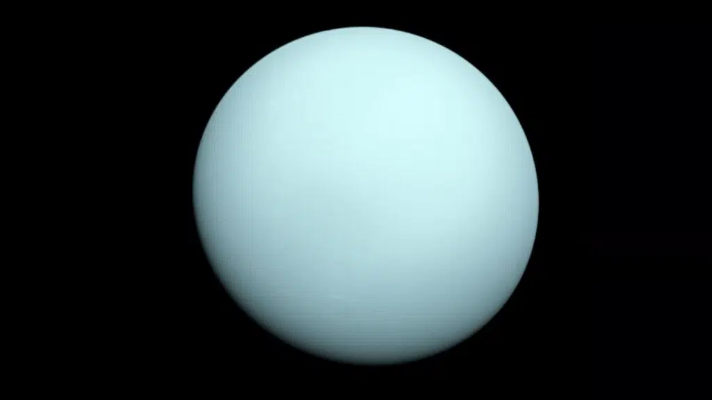 Photo d'Uranus prise par la sonde Voyager 2 en 1986. (Source : NASA/JPL.)