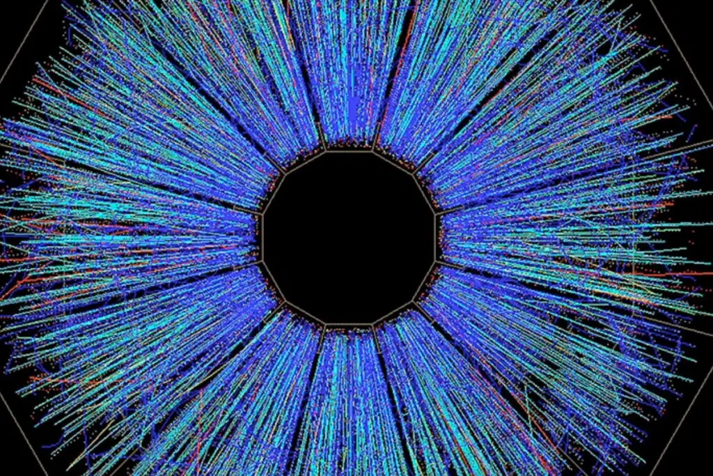 Vue en bout d’une collision entre deux faisceaux d’or à 30 milliards d’électronvolts dans le détecteur STAR detector du Relativistic Heavy Ion Collider.