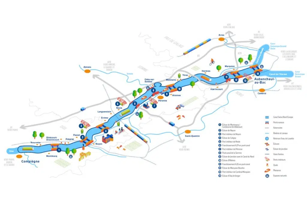 Le Canal Seine-Nord Europe reliera l’Oise au canal Dunkerque-Escaut en traversant 64 communes réparties entre l’Oise, la Somme, le Pas-de-Calais et le Nord.Long de 107 km, ce projet d’infrastructure transformera profondément les paysages et les flux économiques, en structurant un nouvel axe de transport fluvial majeur au cœur des Hauts-de-France. Pensé comme bien plus qu’un simple canal, il ambitionne de devenir une véritable colonne vertébrale territoriale, dynamisant l’activité économique et s’intégrant dans le quotidien des habitants.