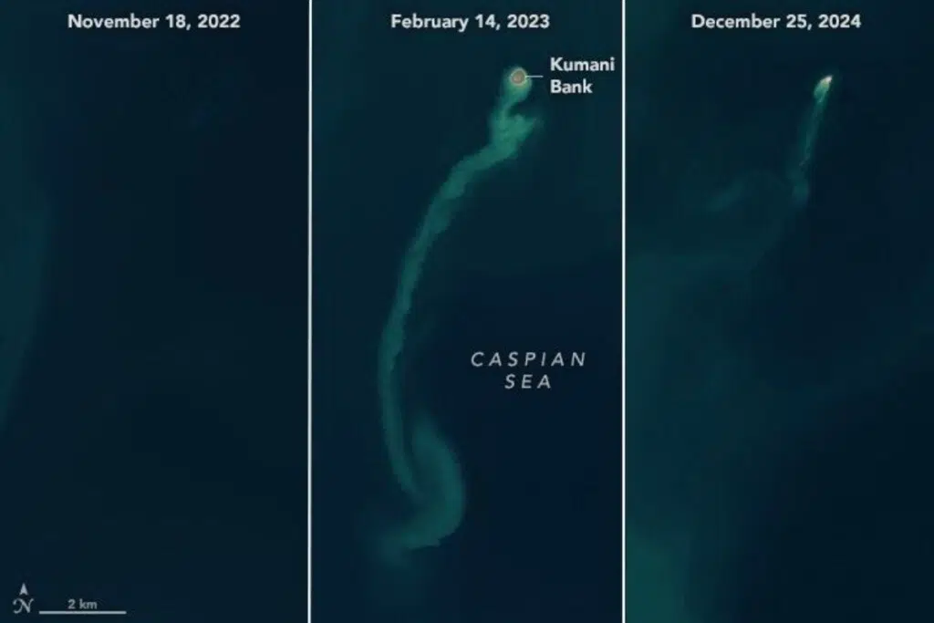 Début 2023, une île éphémère est apparue en mer Caspienne au large de l’Azerbaïdjan, après une éruption du volcan de boue Kumani Bank, situé à environ 25 km des côtes.En quelques jours, une masse d’environ 400 mètres de large a émergé, avant de s’éroder progressivement jusqu’à presque disparaître fin 2024. Les satellites Landsat 8 et Landsat 9 ont permis de suivre cette apparition fugace. Ce phénomène s’est déjà produit à plusieurs reprises depuis 1861, certaines îles ne survivant que quelques mois. Ces éruptions, liées aux gaz souterrains comme le méthane, peuvent parfois générer des flammes spectaculaires.