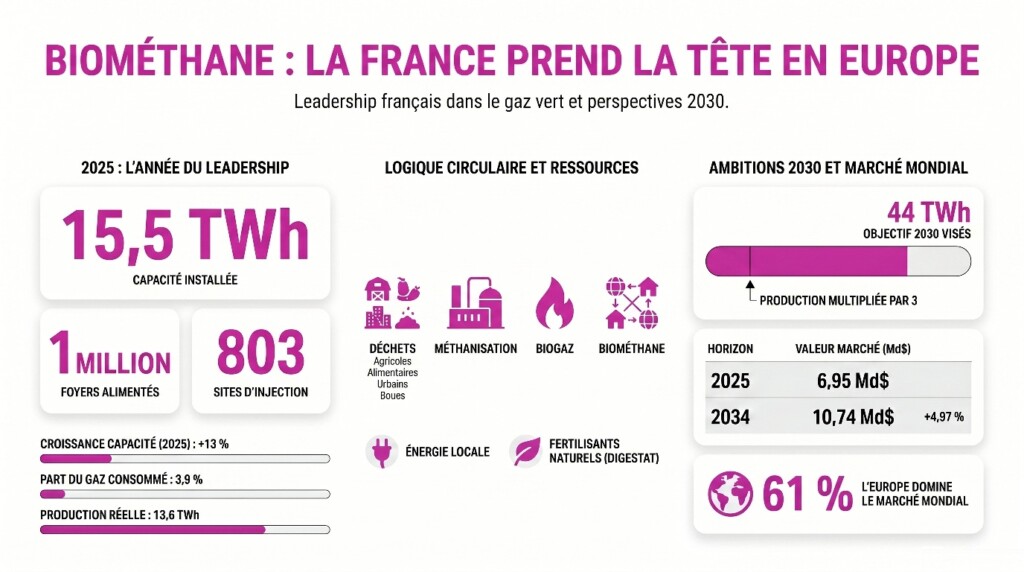 Résumé en quelques chiffres du leadership français sur la production de biométhane en Europe en 2025