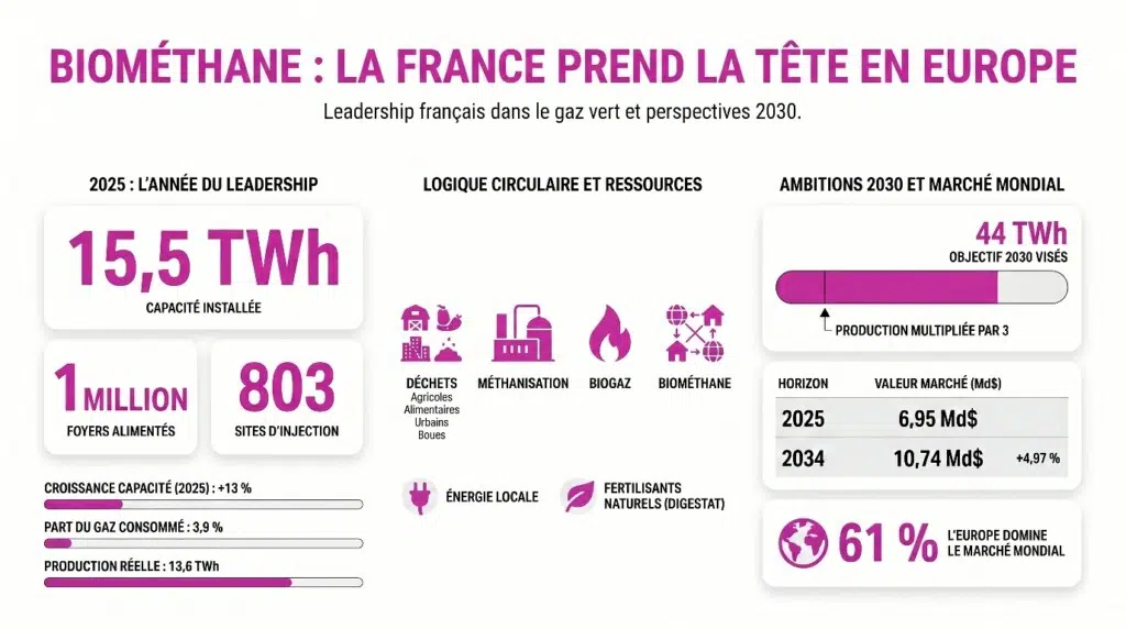 Résumé en quelques chiffres du leadership français sur la production de biométhane en Europe en 2025