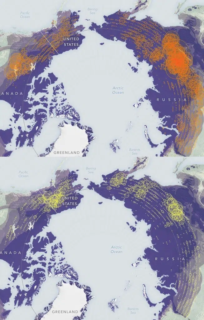 Évolution des incendies dans l'Arctique entre période 2002 - 2012 (en jaune) et 2012-2024 (en orange) - crédit : NASA