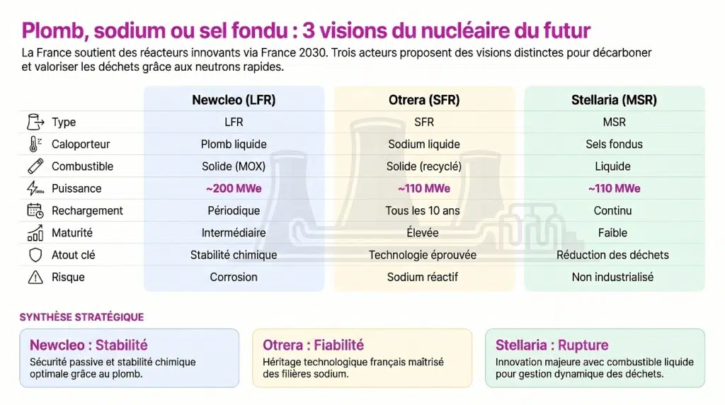 Comparaison des technologie des réacteurs de Stellaria, newcleo et Otrera.