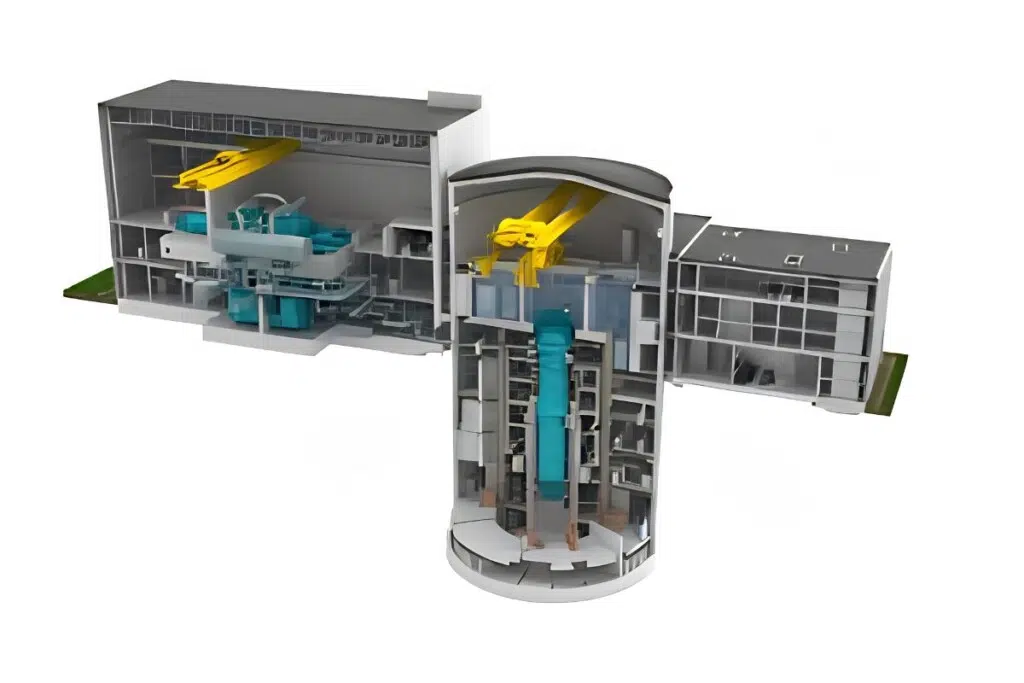 Le BWRX-300 est un petit réacteur modulaire de 300 MW, conçu pour produire une électricité fiable et bas carbone.Développé par GE Vernova Hitachi, il repose sur des technologies nucléaires déjà éprouvées et n’est plus seulement un concept : le premier exemplaire est en construction au Canada.
Sa mise en service commerciale est visée pour 2030. Crédit : GE Vernova Hitachi