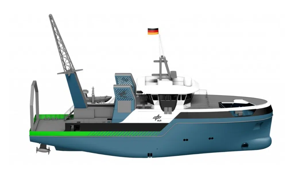 Représentation de la plateforme technologique maritime en merUne fois la coque achevée au chantier naval FSG de Flensburg, le navire devrait être transféré au chantier naval Lloyd Werft de Bremerhaven à l'automne 2026. Il y sera aménagé et achevé en 2027. Crédit : DLR (CC BY-NC-ND 3.0)