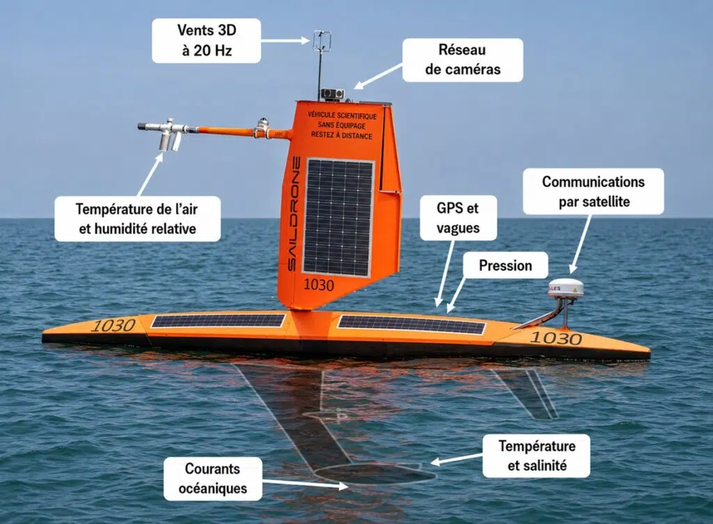 Un drone de surface Saildrone Explorer a été utilisé pour recueillir des observations de cyclones tropicaux. Les instruments utilisés pour les calculs de cette étude sont indiqués.