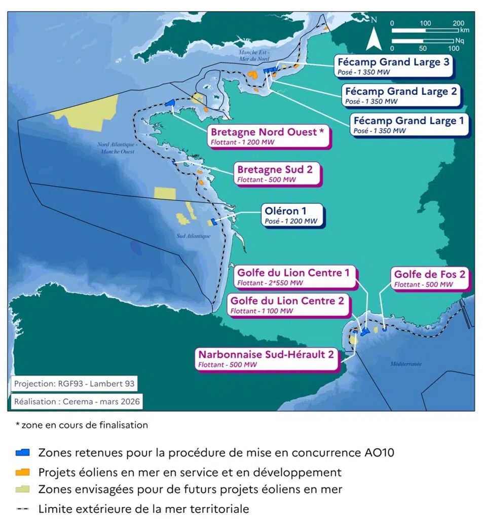 Zones retenues pour la procédure de mise en concurrence AO10 - Sont pointés une zone au large de Fécamp, au Nord Ouest de la Bretagne, au Sud de la Bretagne, au large d'Oléron, au large de Narbonne, dans le golfe du Lion et au large de Fos-sur-mer - crédit : eoliennesenmer.fr