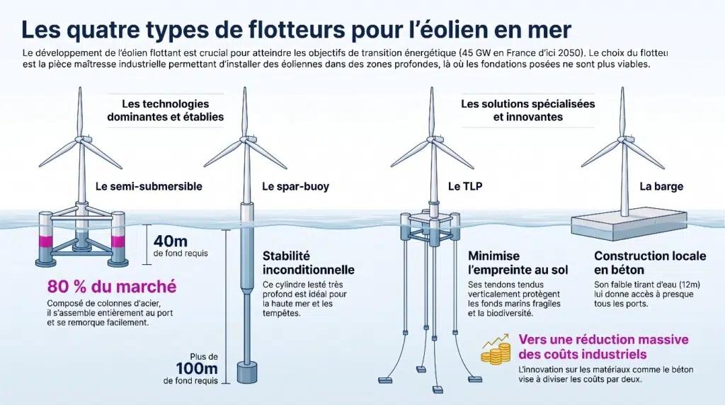 Les quatre type de flotteurs pour éoliennes offshore