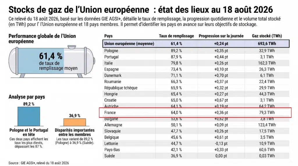 Stocks de gaz européen au 18 aout 2026