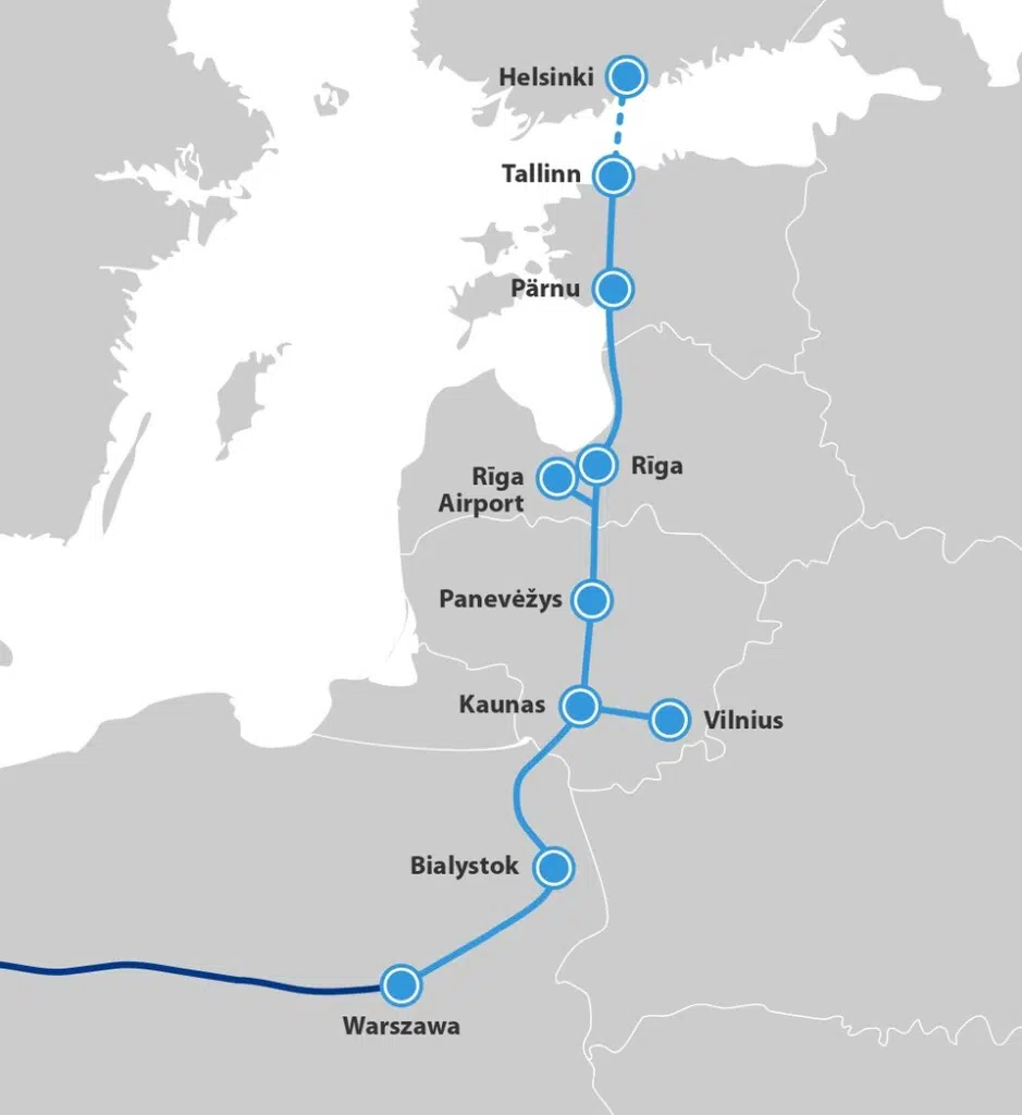 Rail Baltica est l’un des plus grands projets ferroviaires européens : la ligne doit relier Tallinn à Varsovie via Riga et Kaunas, en connectant les pays baltes au réseau ferroviaire européen. La nouvelle infrastructure utilisera l’écartement standard européen de 1 435 mm, contre 1 520 mm sur une grande partie du réseau balte hérité de l’époque soviétique, et permettra aux trains de voyageurs d’atteindre 249 km/h. La liaison Tallinn-Varsovie représentera environ 1 060 km via Riga - crédit : RB Rail AS