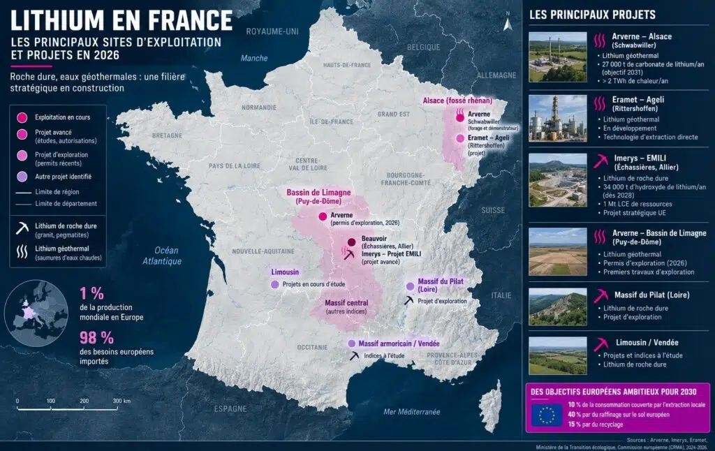 Carte de France des projets d'extraction de lithium en 2026.
