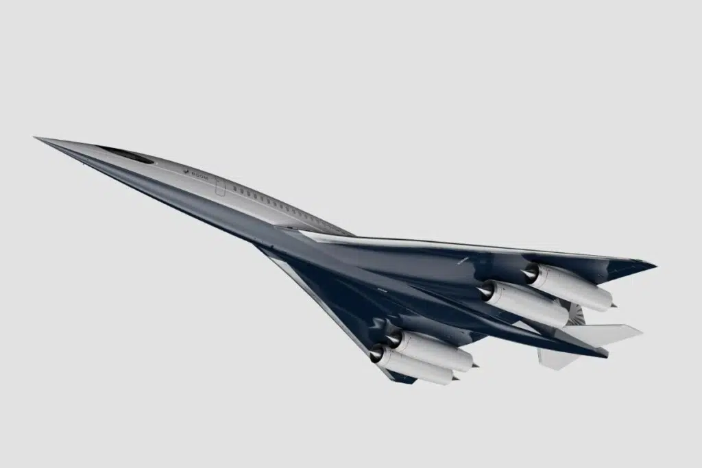 Vue d'artiste de l'Overture, le futur avion de ligne supersonique développé par l'entreprise américaine Boom Supersonic, conçu pour atteindre Mach 1,7 et transporter entre 60 et 80 passagers. Crédit : Boom Supersonic.
