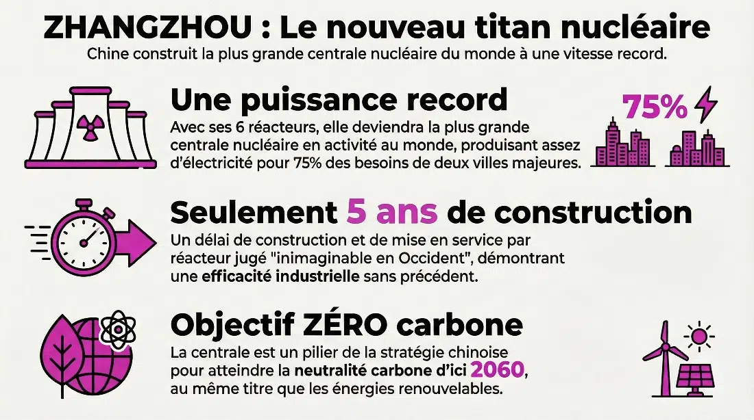 Depuis janvier 2026, deux réacteurs Hualong-1 de 1 126 MWe chacun sont en service dans la centrale nucléaire de Zhangzhou - infographie (crédit : Media24.fr)