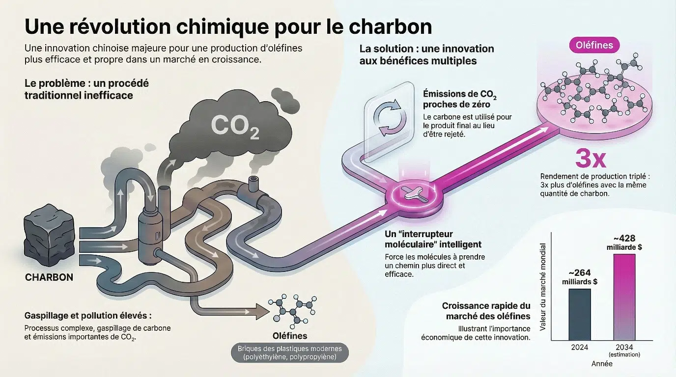 Une nouvelle méthode chinoise pour produire les oléfines plus écologiquement - infographie (crédit : Media24.fr)