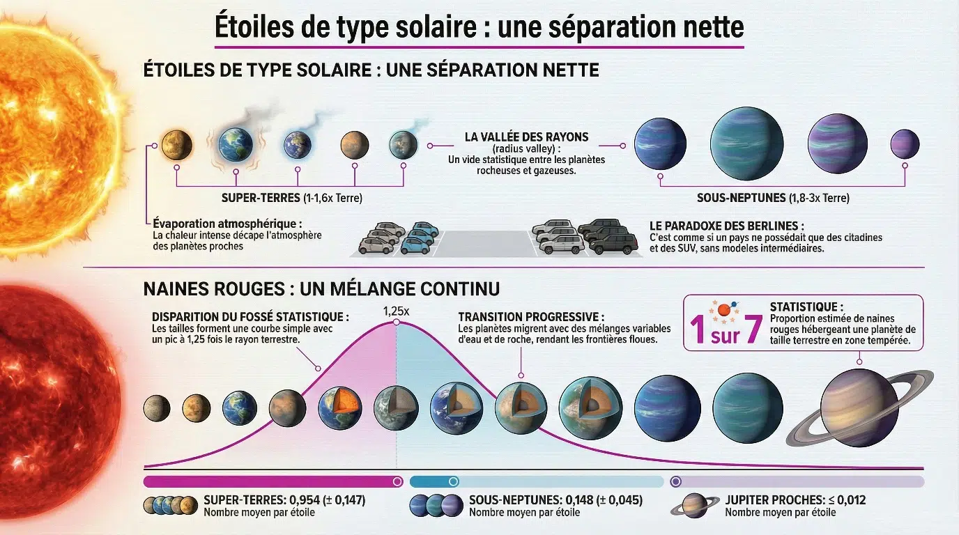 Pas radius valley sur les naines rouge - infographie (crédit : Media24.fr)