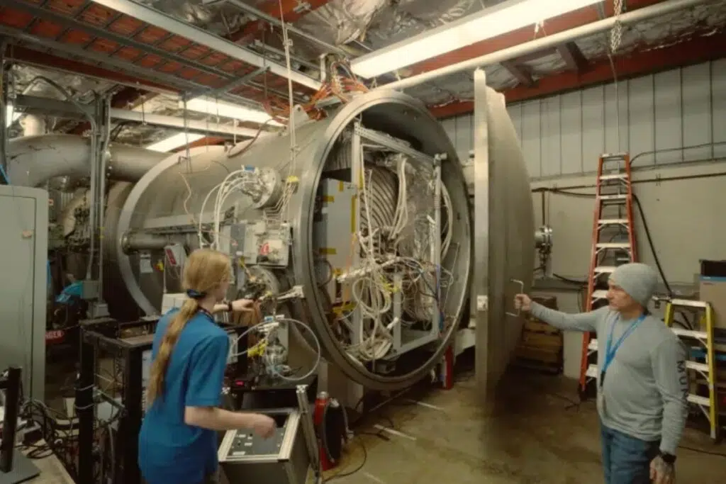 Le prototype de propulseur est enfermé dans l'installation sous vide CoMeT (condensable metal propellant) du JPL, un atout national unique conçu pour tester en toute sécurité des propulseurs utilisant des propergols à vapeur métallique dans le cadre de potentiels systèmes de propulsion électrique de classe mégawatt.NASA/JPL-Caltech
