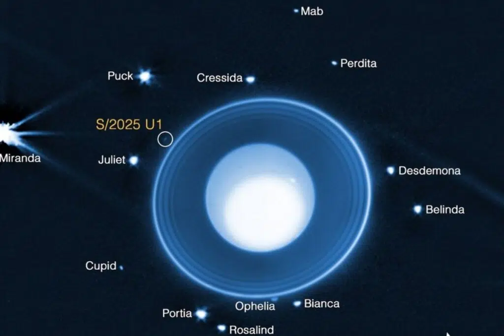 Des astronomes utilisant le télescope spatial James Webb de la NASA ont découvert une nouvelle lune en orbite autour d’Uranus dans des images prises par la caméra proche infrarouge de Webb (NIRCam, Near-Infrared Camera). Cette image montre la lune, désignée S/2025 U1, ainsi que 13 des 28 autres lunes connues qui orbitent autour de la planète. (La petite lune Cordelia orbite juste à l’intérieur de l’anneau le plus externe, mais n’est pas visible sur ces vues en raison de l’éblouissement causé par les anneaux.)En raison des différences spectaculaires de niveaux de luminosité, l’image est une composition issue de trois traitements différents des données, permettant au spectateur de voir les détails de l’atmosphère planétaire, des anneaux environnants et des lunes en orbite. Les données ont été obtenues avec le filtre large bande F150W2 de la NIRCam, qui transmet des longueurs d’onde infrarouges d’environ 1,0 à 2,4 microns. NASA, ESA, CSA, STScI, M. El Moutamid (SwRI), M. Hedman (University of Idaho)