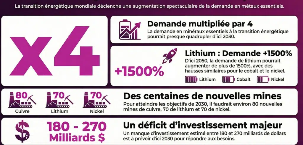 Infographie sur la hausse de la demande en matériaux critiques. Source : « Boom des minéraux critiques : la transition énergétique mondiale est porteuse d'opportunités et de risques pour les pays en développement » - ONU, commerce et développement, 26 avril 2024.